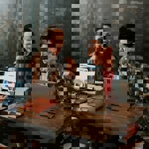 Drie personen zitten te lachen rond een tafel. Op de tafel zijn er twee laptops en een notitieboek.